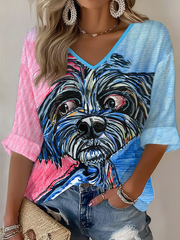 Women's Dog Art  Printed  Waffle T-shirt