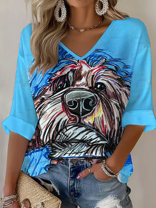 Women's Dog Art  Printed Waffle T-shirt