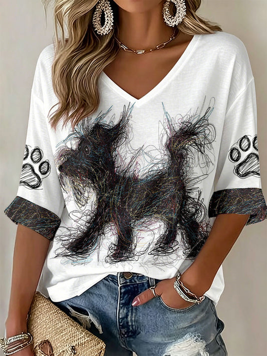 Women's Dog Art Print V-Neck T-Shirts