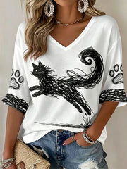 Women's Cat Art Print V-Neck T-Shirts