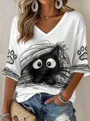 Women's Cat Art Print V-Neck T-Shirts