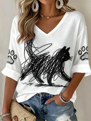Women's Cat Art Print V-Neck T-Shirts