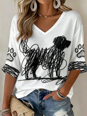 Women's Dog Art Print V-Neck T-Shirts