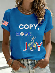Women's Copy Moon Joy Print V Neck Short Sleeve T-shirt