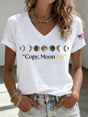 Women's Copy Moon Joy Print V-Neck Short Sleeve T-shirt