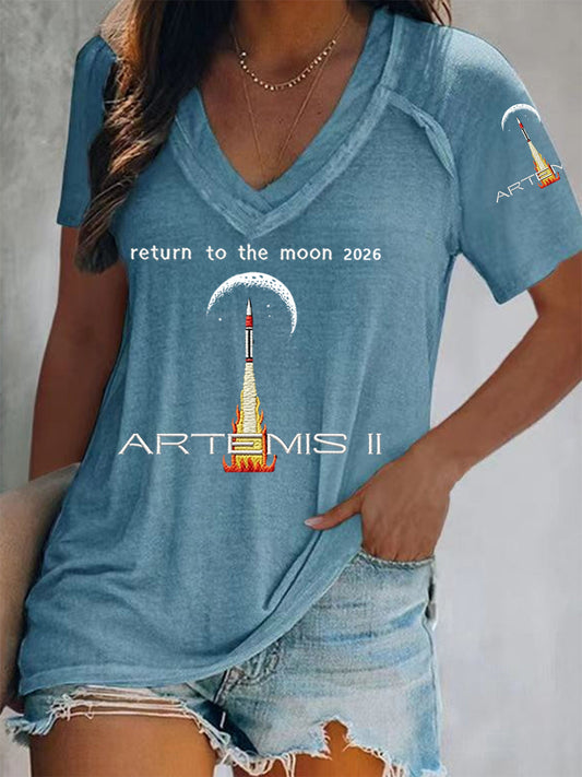 Women's Artemis II 2026 Return To The Moon For All Humanity Print Casual V-Neck Tee