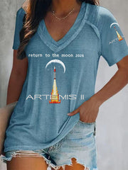 Women's Artemis II 2026 Return To The Moon For All Humanity Print Casual V-Neck Tee