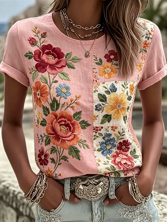 Women's Floral Print linen short-sleeved T-shirt