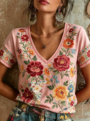 Women's Floral Print linen short-sleeved T-shirt