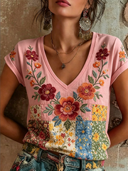 Women's Floral Print linen short-sleeved T-shirt