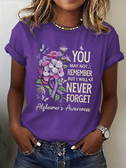 Women's Casual Alzheimer's Awareness Purple Flowers Short Sleeve T-Shirt