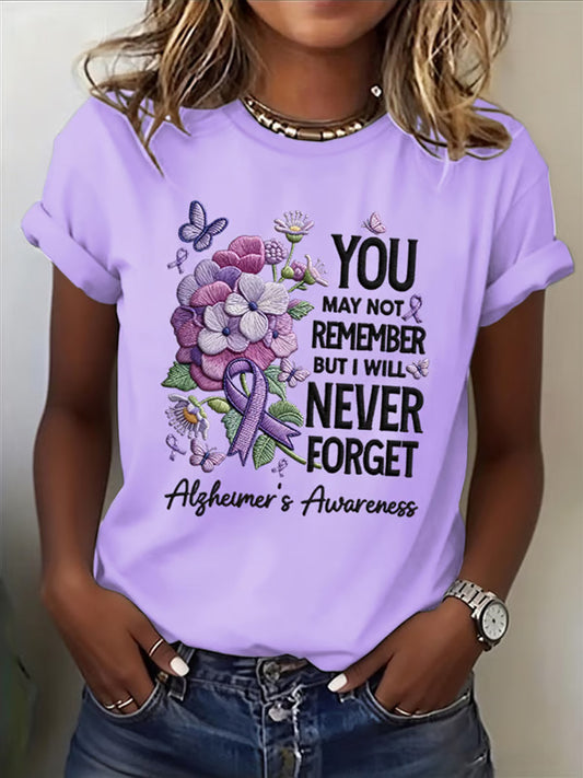 Women's Casual Alzheimer's Awareness Purple Flowers Short Sleeve T-Shirt
