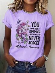 Women's Casual Alzheimer's Awareness Purple Flowers Short Sleeve T-Shirt