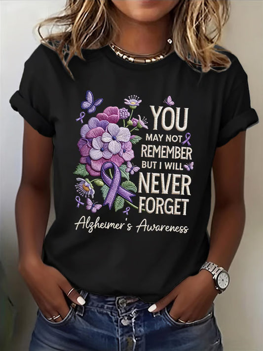 Women's Casual Alzheimer's Awareness Purple Flowers Short Sleeve T-Shirt