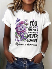 Women's Casual Alzheimer's Awareness Purple Flowers Short Sleeve T-Shirt