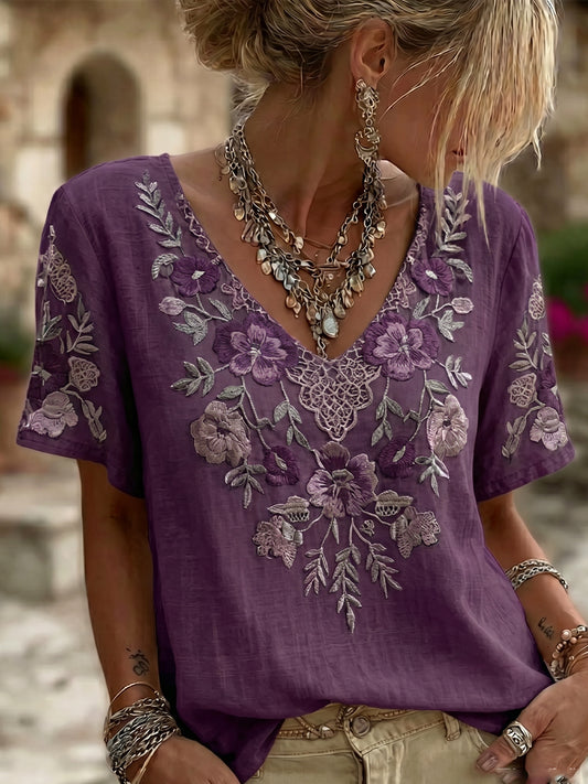 Women's Alzheimer's Awareness Floral Casual Short Sleeves Linen Shirt