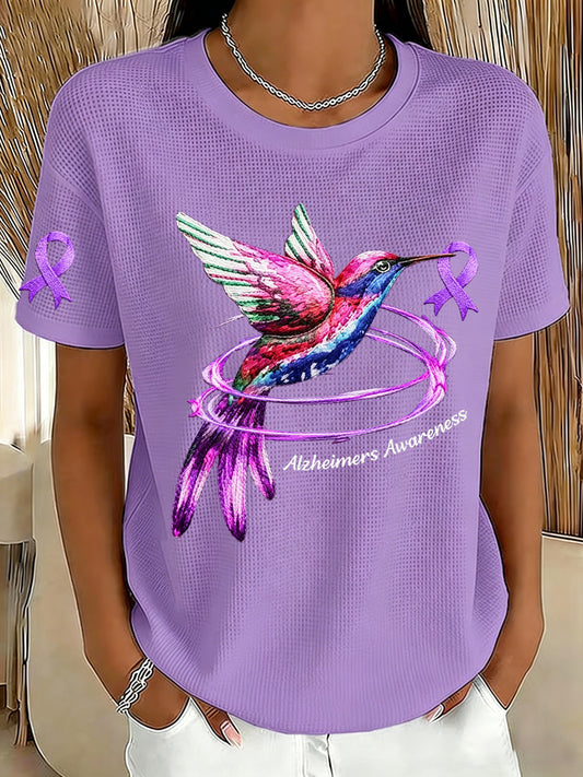 Women's Alzheimer's Awareness Purple Ribbon Waffle Fabric Short-sleeved T-shirt