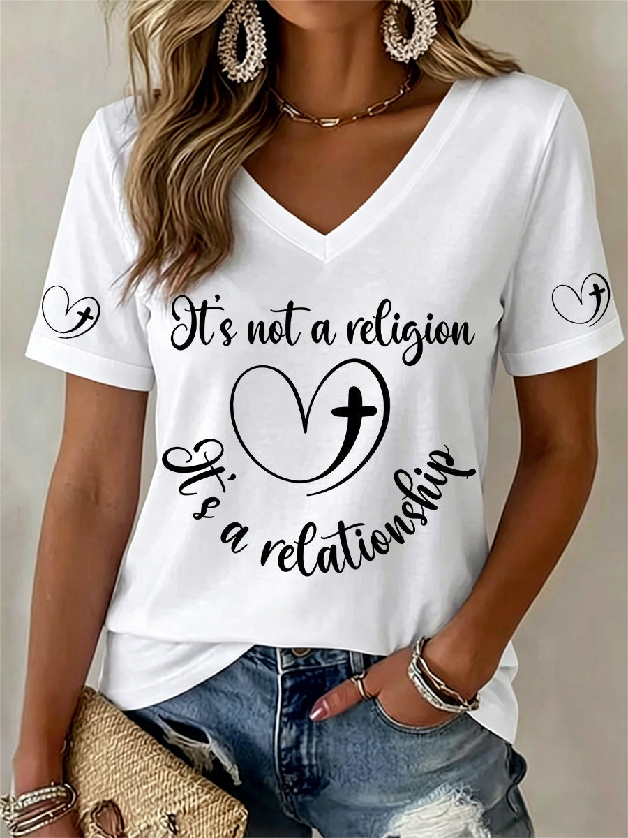 Women's It’s Not A Religion It's A Relationship Print V-Neck Tee
