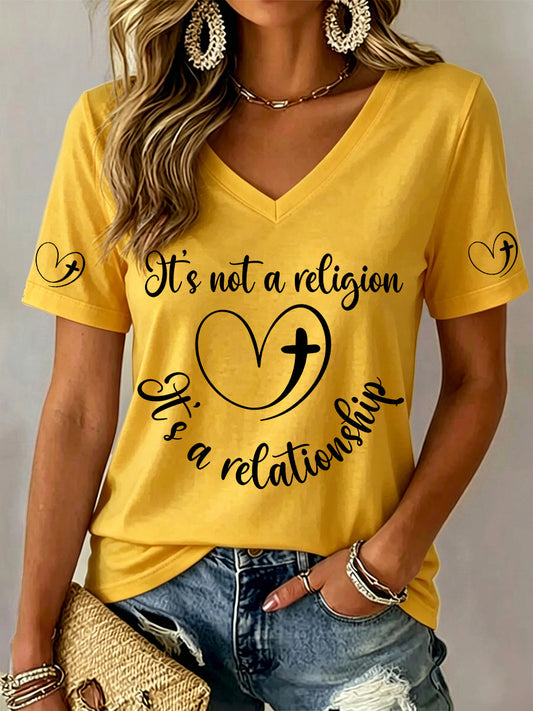 Women's It’s Not A Religion It's A Relationship Print V-Neck Tee