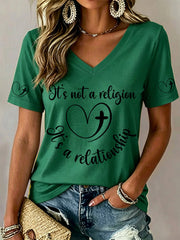Women's It’s Not A Religion It's A Relationship Print V-Neck Tee
