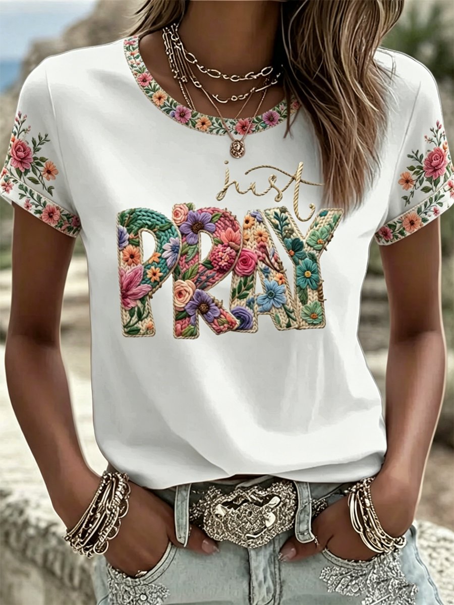 Women's Faith-inspired floral print short-sleeved T-shirt