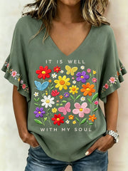 Women's It Is Well With My Soul Floral Print Casual Ruffle Sleeve Tee