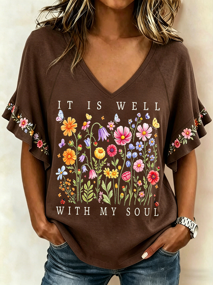 Women's It Is Well With My Soul Floral Print Casual Ruffle Sleeve Tee