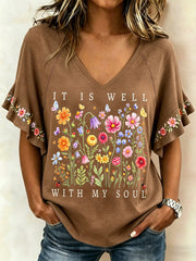 Women's It Is Well With My Soul Floral Print Casual Ruffle Sleeve Tee