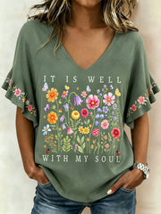 Women's It Is Well With My Soul Floral Print Casual Ruffle Sleeve Tee