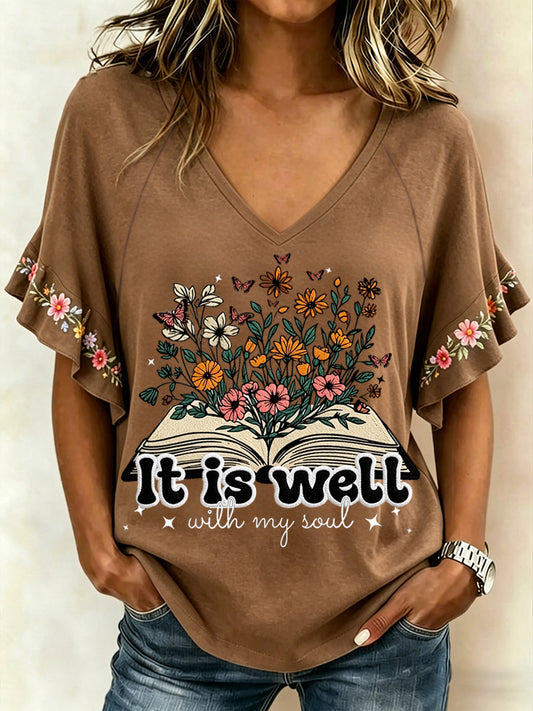 Women's It Is Well With My Soul Floral Print Casual Ruffle Sleeve Tee