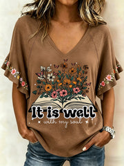 Women's It Is Well With My Soul Floral Print Casual Ruffle Sleeve Tee
