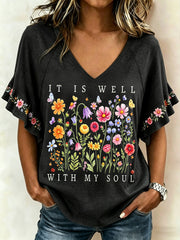 Women's It Is Well With My Soul Floral Print Casual Ruffle Sleeve Tee
