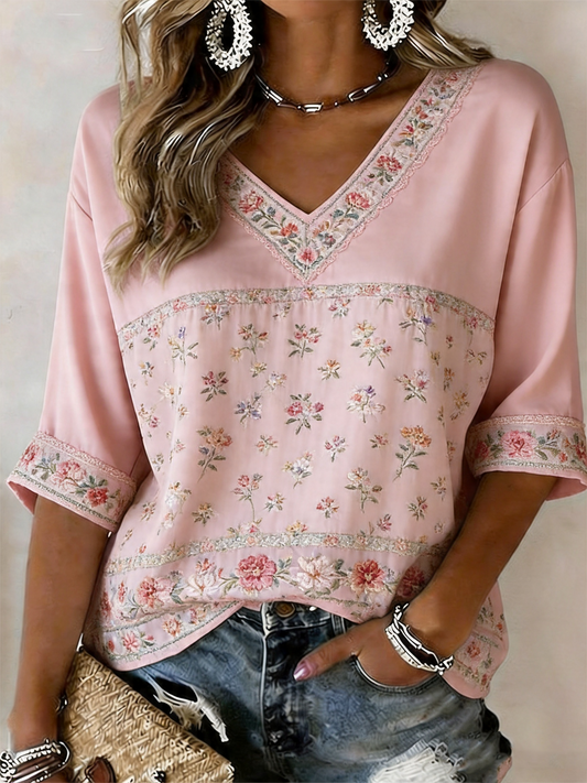 Women's Pink Floral Print Mid-length Sleeves V-Neck T-Shirt