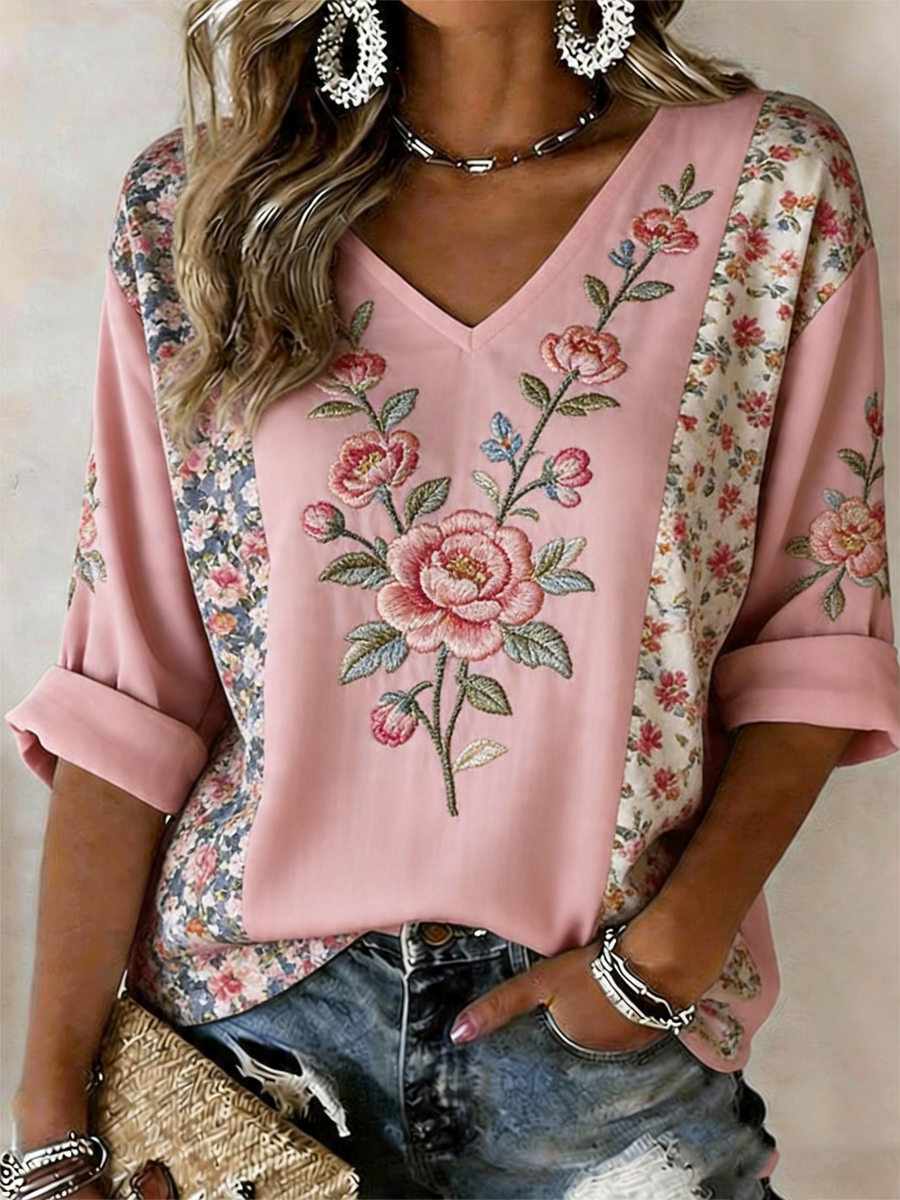 Women's Pink Floral Print linen short-sleeved T-shirt