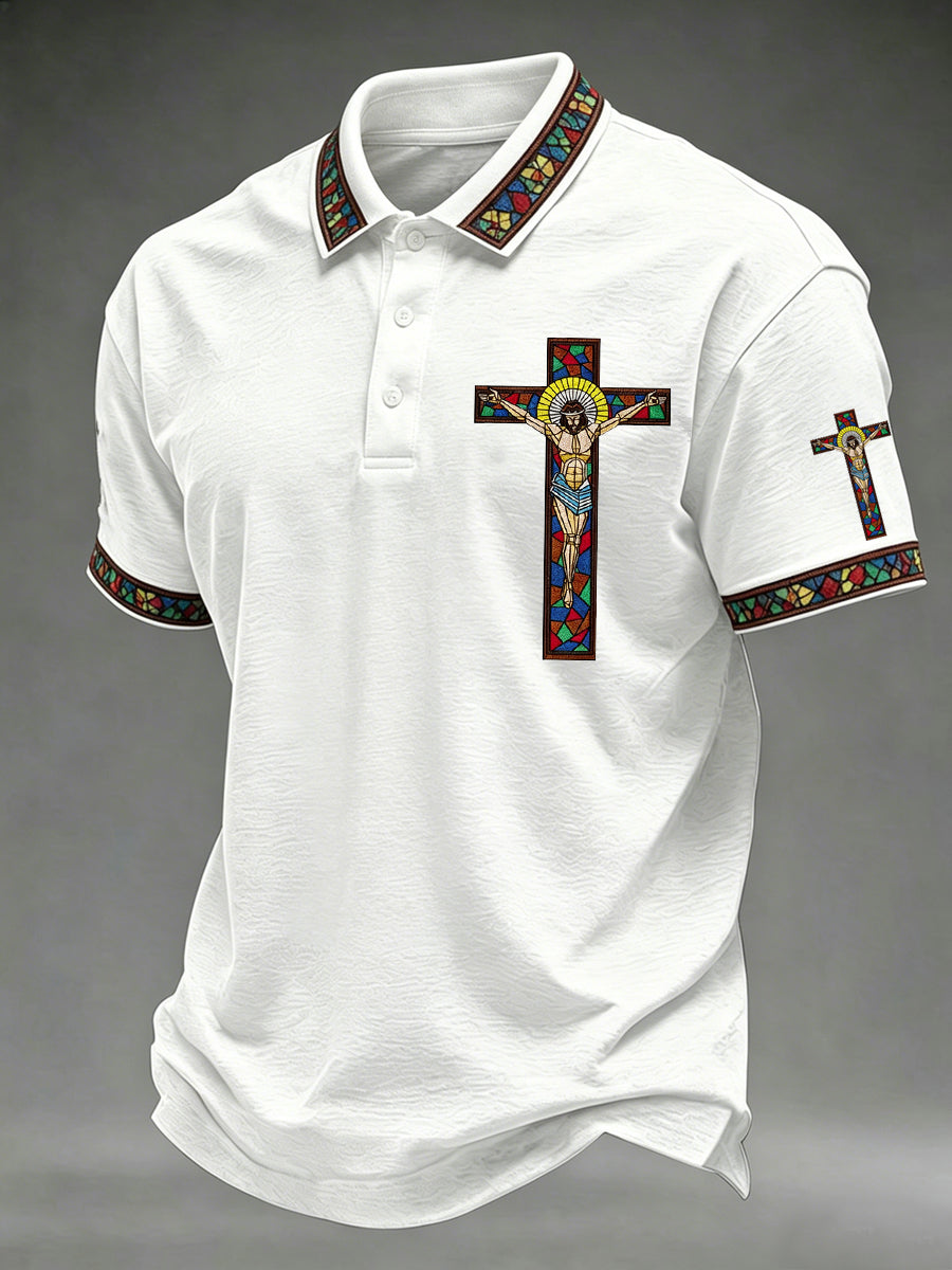 Men's Jesus Cross Print Casual Polo
