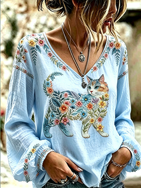Women's Floral Cats Print Casual Long Sleeve V-Neck Top
