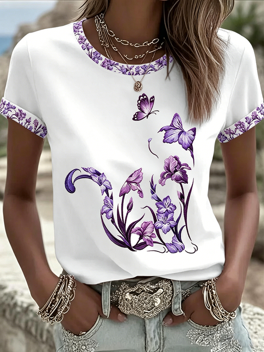 Women's Cat Floral Print Casual T-shirt