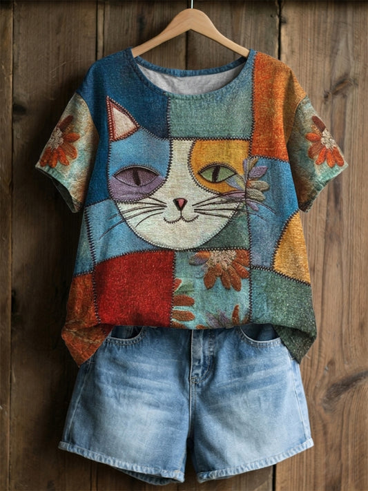 Women's Vintage Cat Face Colorblock Patchwork Art Cotton Linen Short Sleeve Top