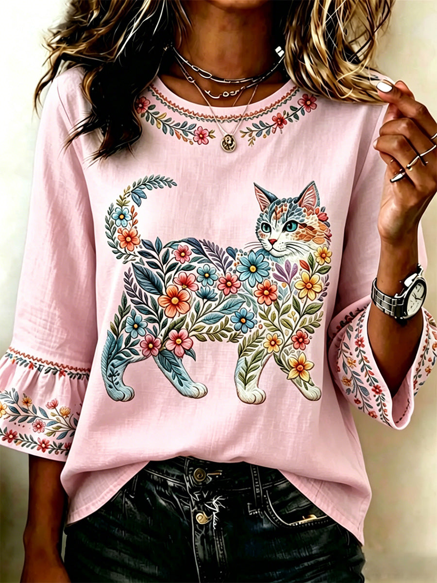 Women's Floral Cats Print Casual Top