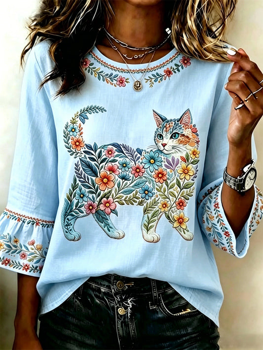 Women's Floral Cats Print Casual Top