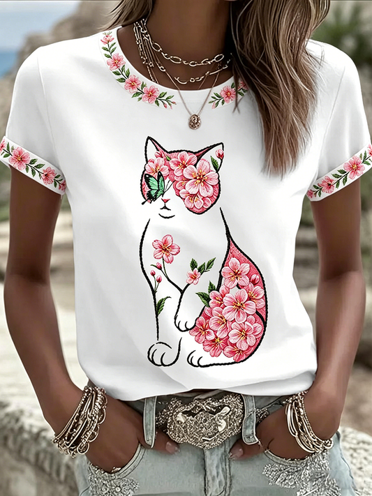 Women's Cat Floral Print Casual T-shirt