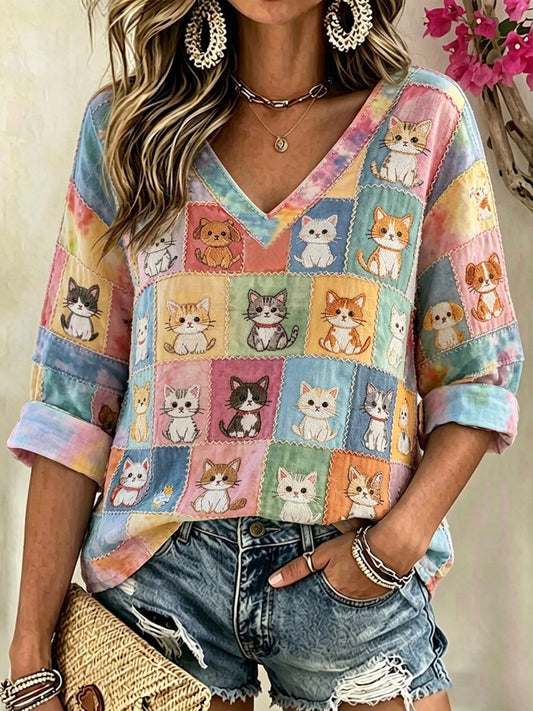 Women's Cat Dog Cartoon Art Spliced Cotton Linen V-Neck Shirt