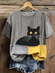 Women's Black Cat Striped & Polka Dots Patchwork  Art Cotton Linen Crew Neck Short Sleeve Top