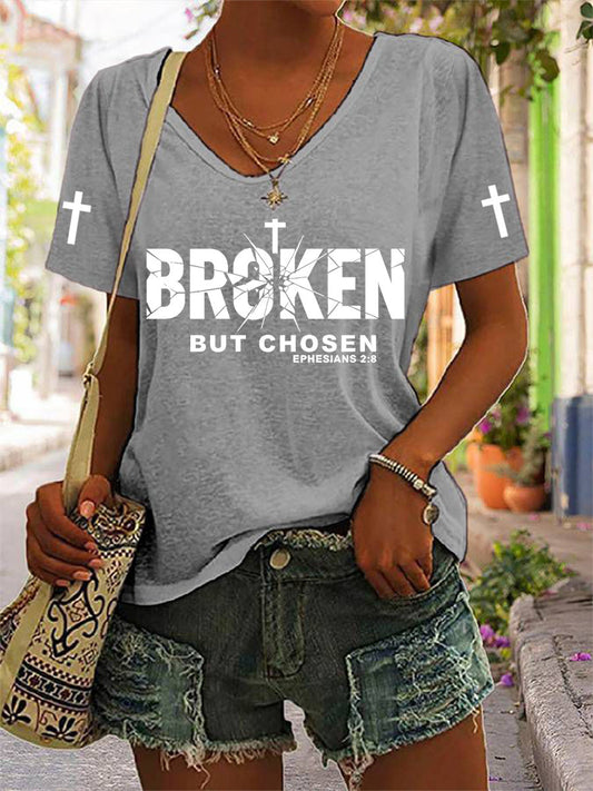 Women's Christian Cross Broken But Chosen Print V-neck Tee