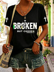 Women's Christian Cross Broken But Chosen Print V-neck Tee