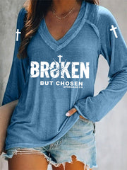 Women's Christian Cross Broken But Chosen Print V-neck  Long Sleeve Tee