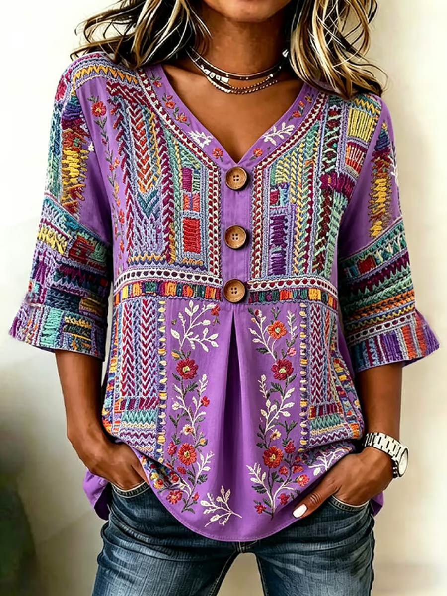 Women's Casual Alzheimer's Floral Print Cotton-Linen Shirt