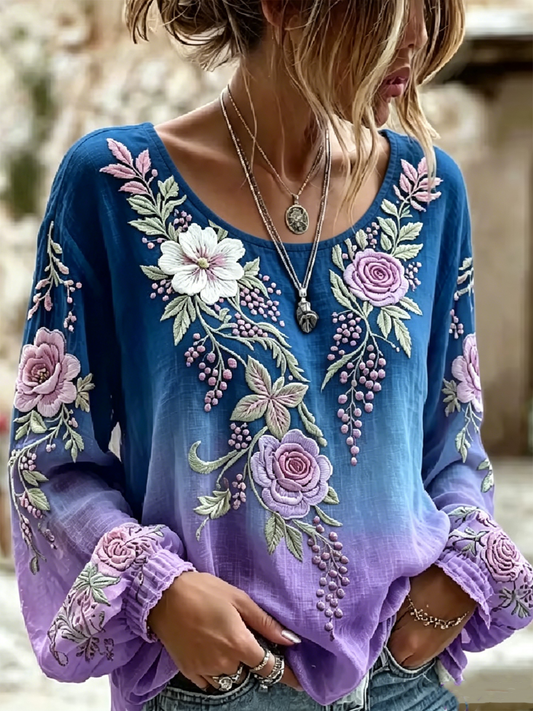 Women's Casual Alzheimer's Floral Print Cotton-Linen Shirt