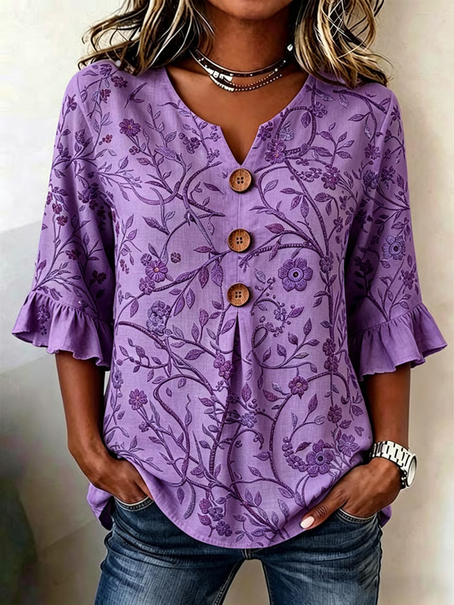Women's Casual Alzheimer's Floral Print Cotton-Linen Shirt