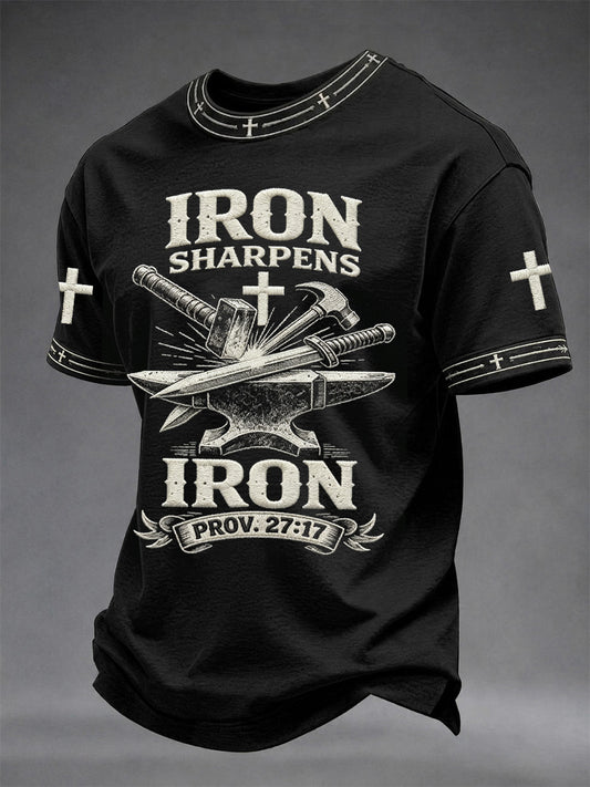 Men's Christian Cross Iron Sharpens Iron Print Casual Tee